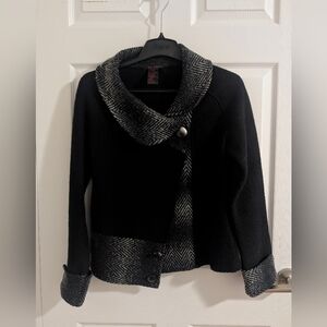 Alison Sheri 100% Wool Black Herringbone Asymmetric Jacket Coatigan Boho Chic  M